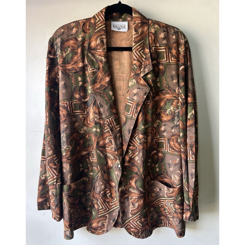 Brittany Nicole Floral Geometric Button Blazer Pockets Brown Green Women's M